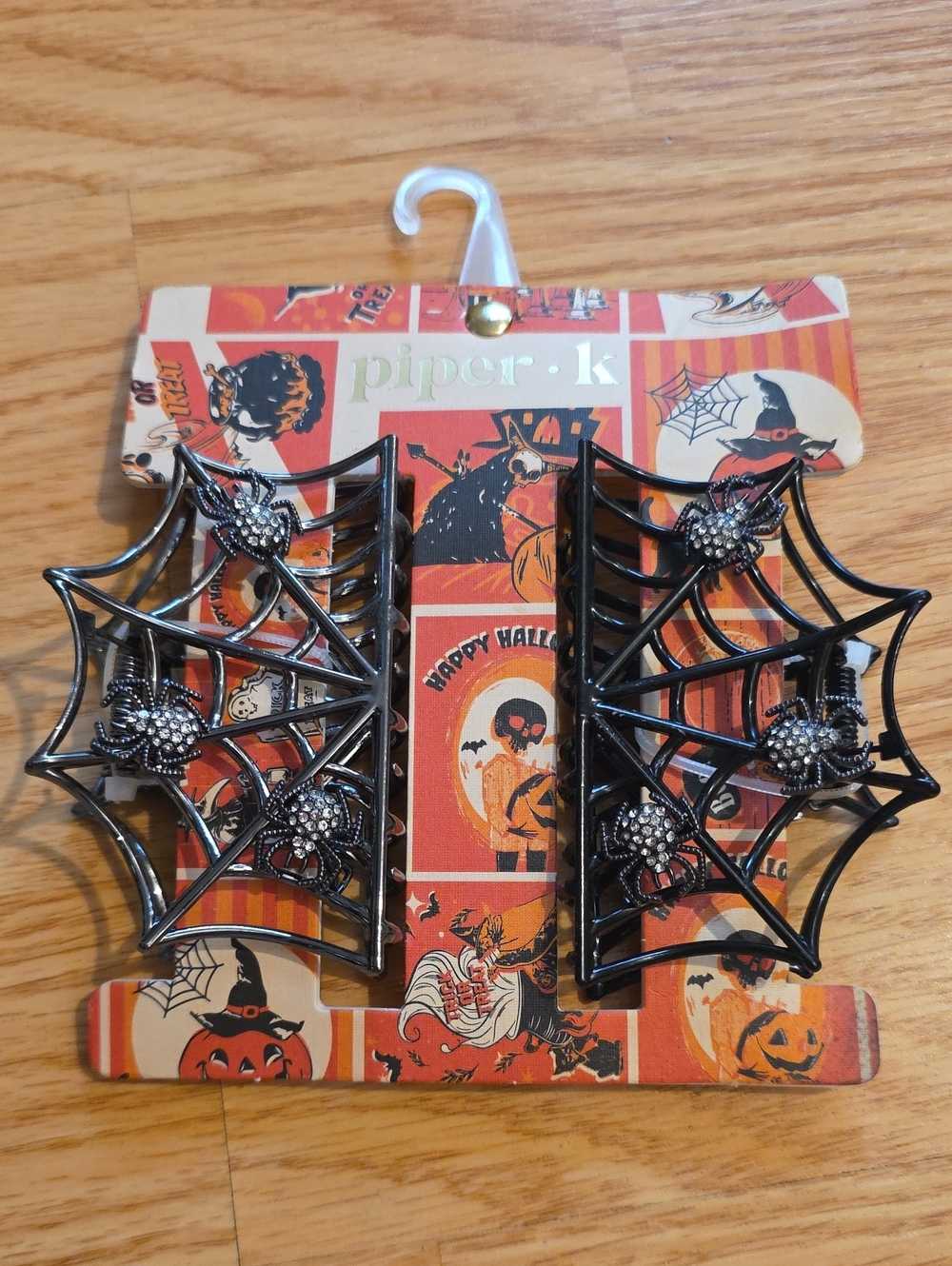 piper•k Black Spider Web Hair Clips with Rhinestone Spiders